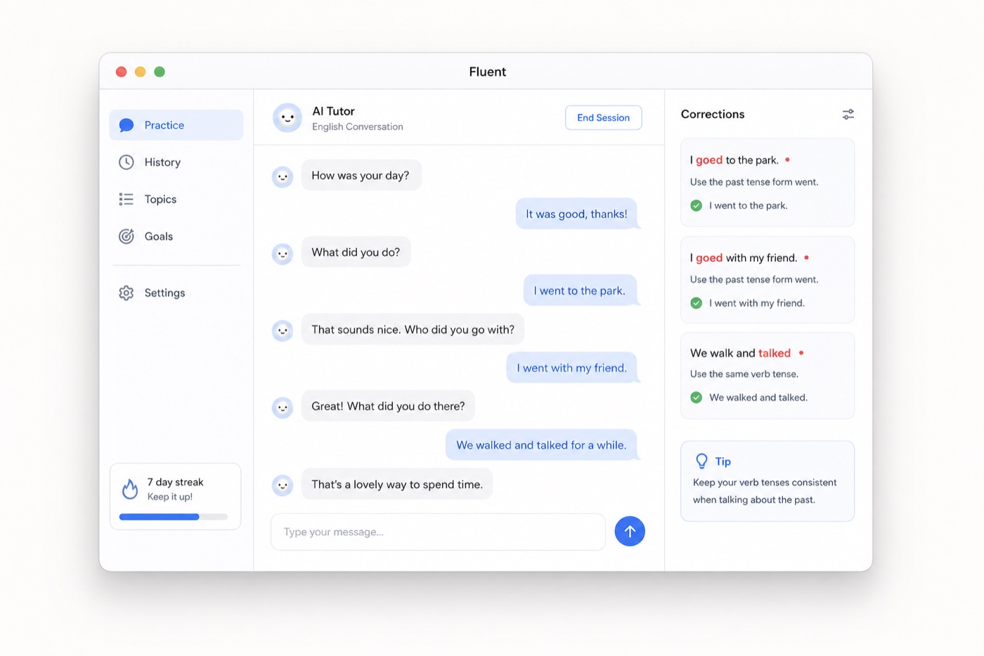 Окно Fluent: диалог на английском и панель исправлений сбоку